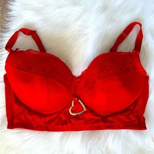 Cacique Long Line Heart Detail Red Lace Women's Corset Inspired Bra Top 44DD
